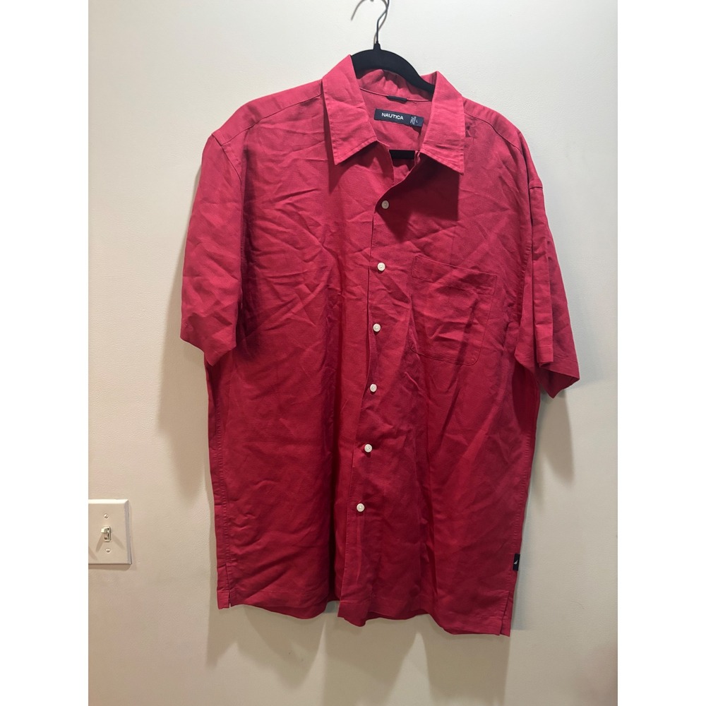 Nautica Mens Shirt Size Large Red Casual Button Down Short Sleeve Linen Blend
